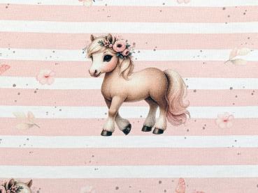 Eigenproduktion Bio Baumwolljersey Blumenpony auf Streifen Schmetterling Hellrosa